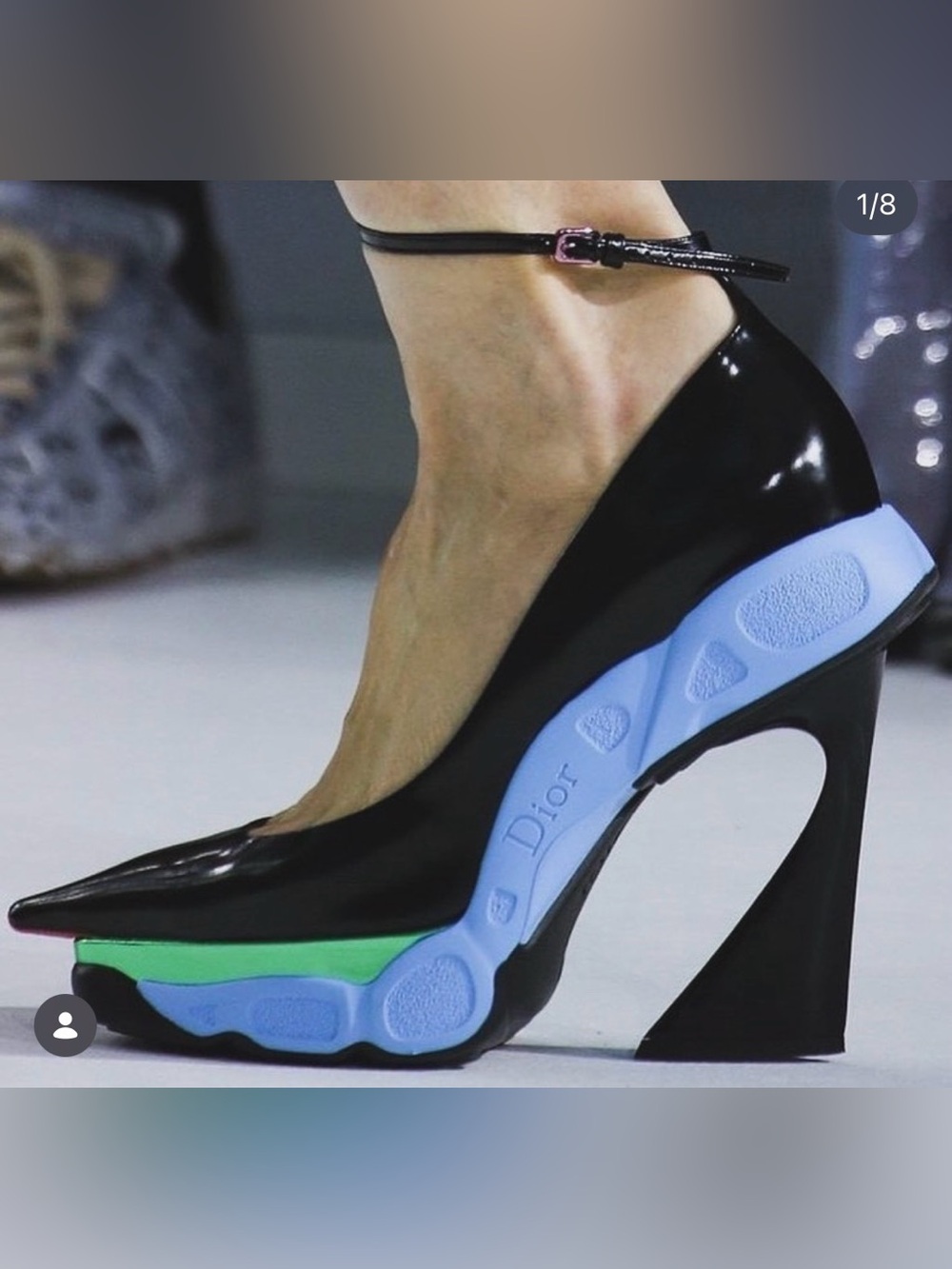 Dior Black Patent Ankle-Strap Wedge Pump with Blue & Green Sole